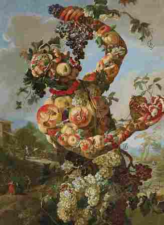 Der Herbst als Obstfigur: Giovanni Paolo Castelli, Lo Spadino (1659 - ca. 1730), Allegorie des Herbstes, Öl auf Leinwand, 131 x 94 cm, Schätzwert € 80.000 - 120.000 Auktion 17. Oktober 2017