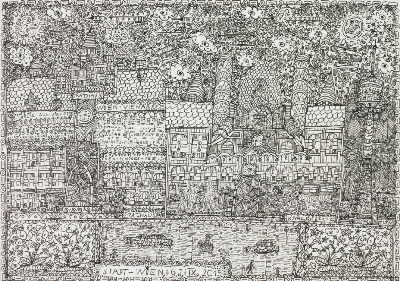 Johann Garber, 2015, A-Mountain-and-a-Lake, indian ink, 51 x 73 cm, Courtesy galerie gugging