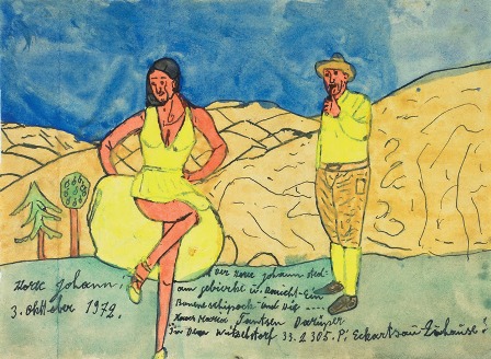 Johann Korec, 1972, Korec Johann pops in the mountains, indian ink, aquarellic, 20,9 x 28,3 cm, © Art Brut KG
